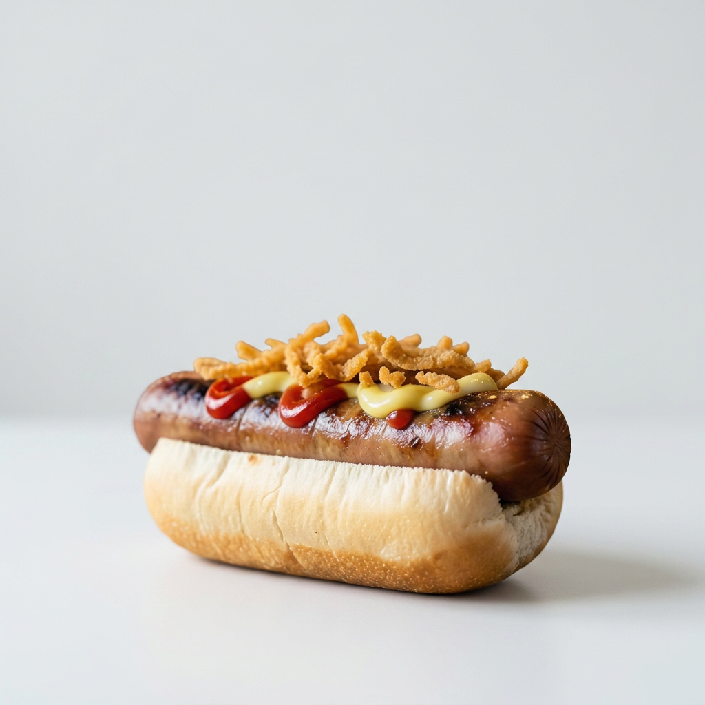 Pølse i brød med sprø løk