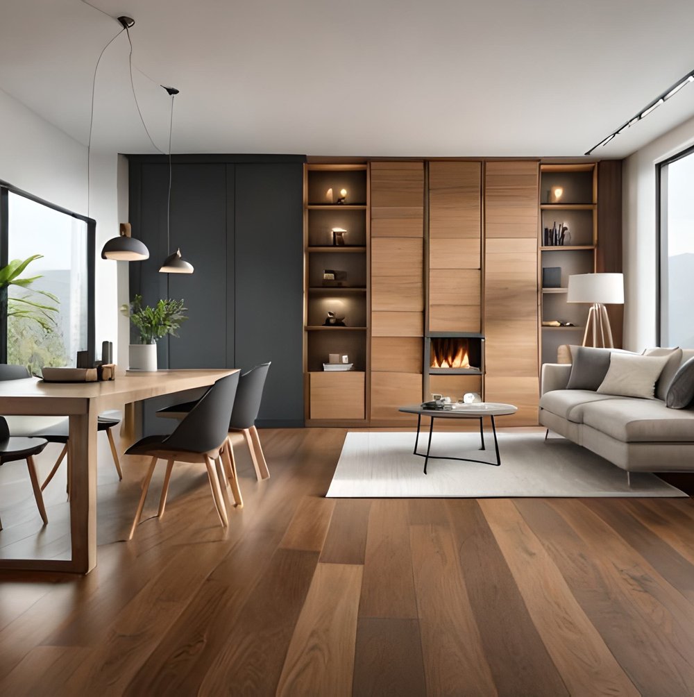 Modernisert lokale med tregulv, innebygde hyller og peis
